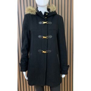 Cole Haan Signature Women's Black Wool Blend Hooded‎ Coat Faux Fur Trim 10